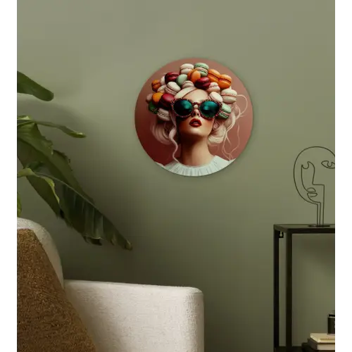 Vrouw - Macarons - Bril Wandcirkel plexiglas klein -sfeer3