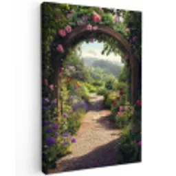 Doorkijk - Landschap - Bloemen - Rozenboog - Natuur Tuinposter op houten frame 2 cm dik klein -3d