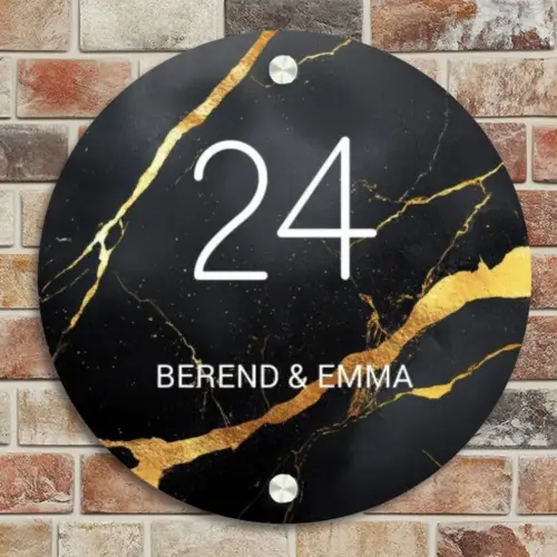 Goud zwart marmer - Klassiek Naambord Rond klein -sfeer2