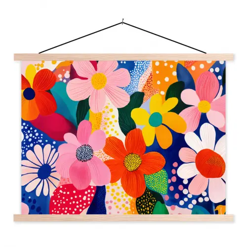 Bloemen - Kleurrijk - Stippen textielposter latten blank klein -3d