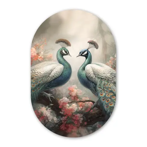 Pauwen - Pauwenveren - Vogels - Bloemen - Natuur Wandcirkel Ovaal Forex klein -3d