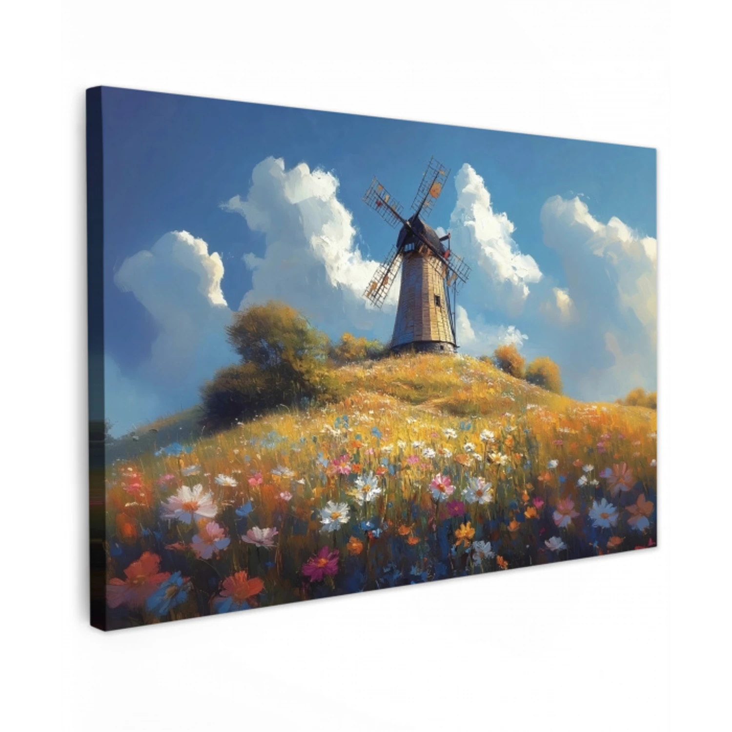 Windmolen - Heuvel - Bloemen - Kleurrijk Tuinposter op houten frame 2 cm dik klein -3d
