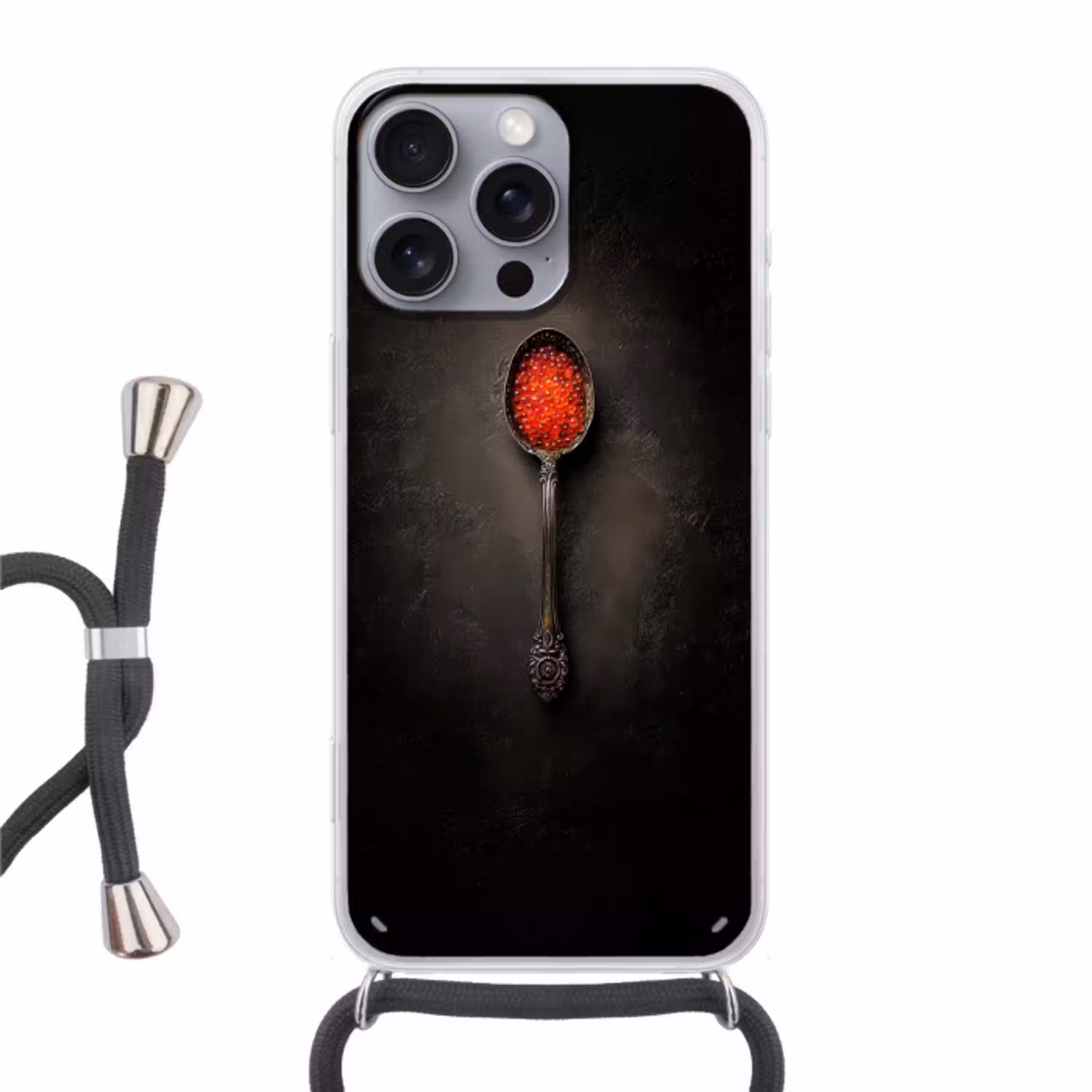 Zwart - Lepel - Caviar Hoesje iPhone 16 Pro Max met koord klein -3d