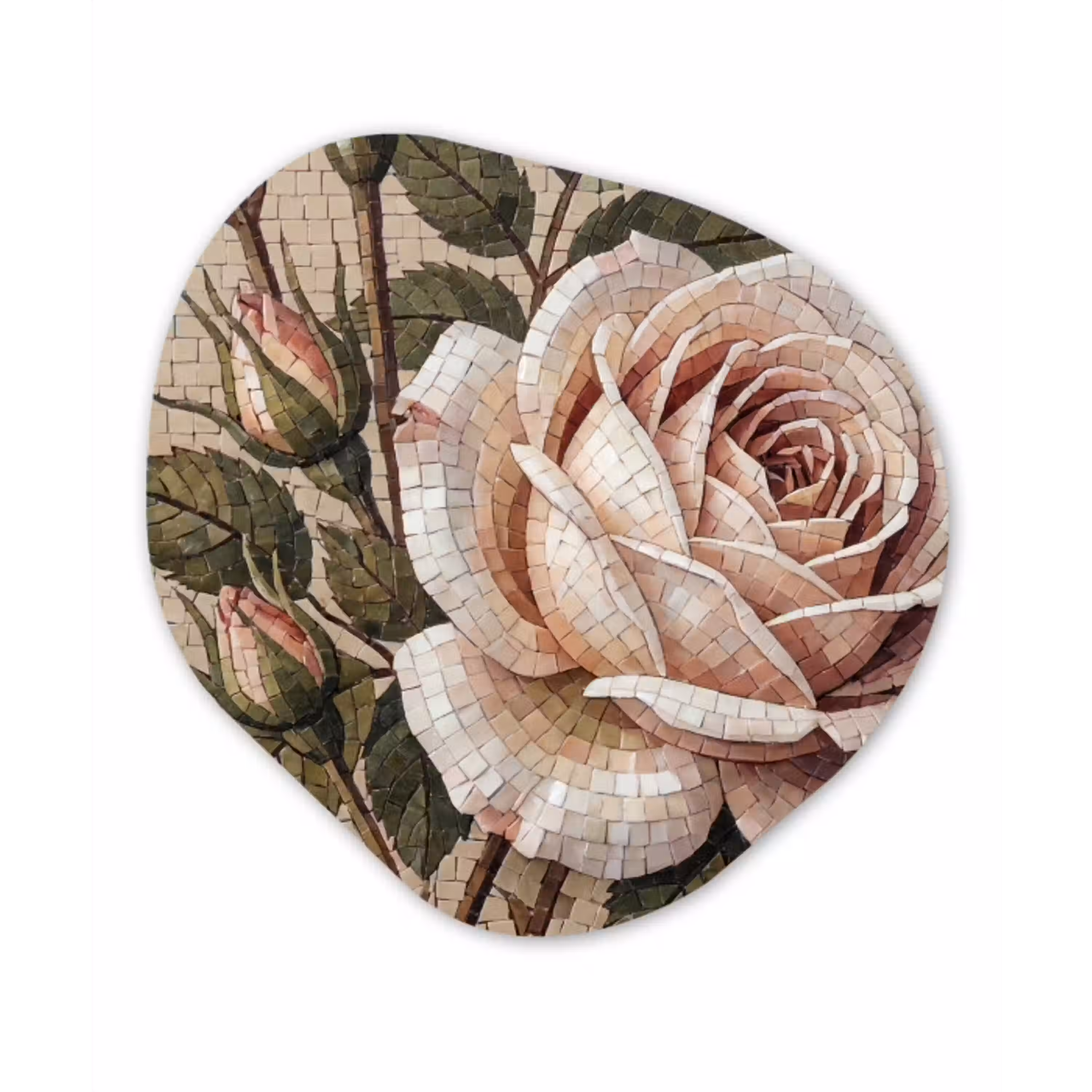 Roos - Mozaïek - Bloemen - Klassiek - Beige Wandcirkel Organisch Aluminium middel -3d