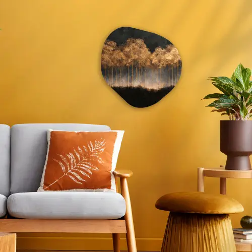 Gouden Bomen in Mistig Landschap Wandcirkel Organisch Forex 3mm klein -sfeer4