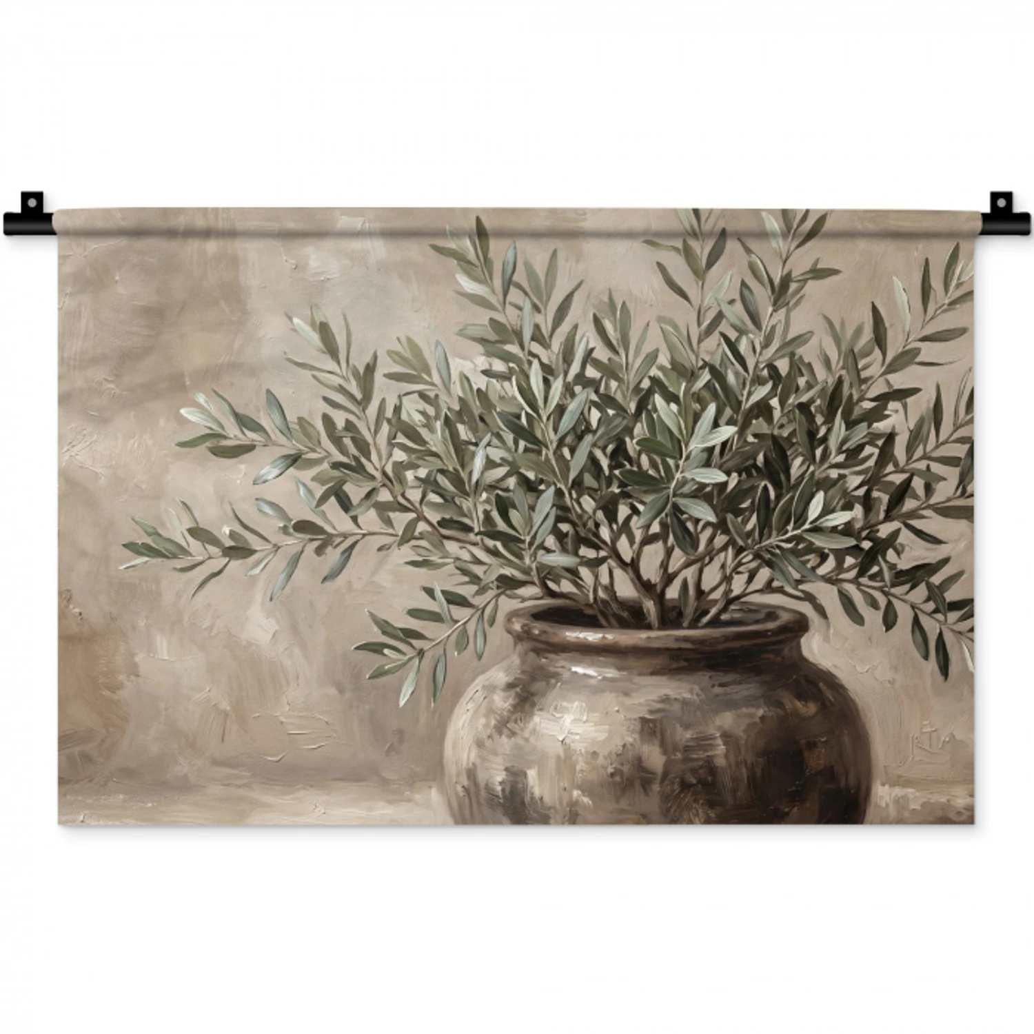 Olijfplant - Aardenpot - Abstract - Beige Wandkleed katoen klein -zz3d