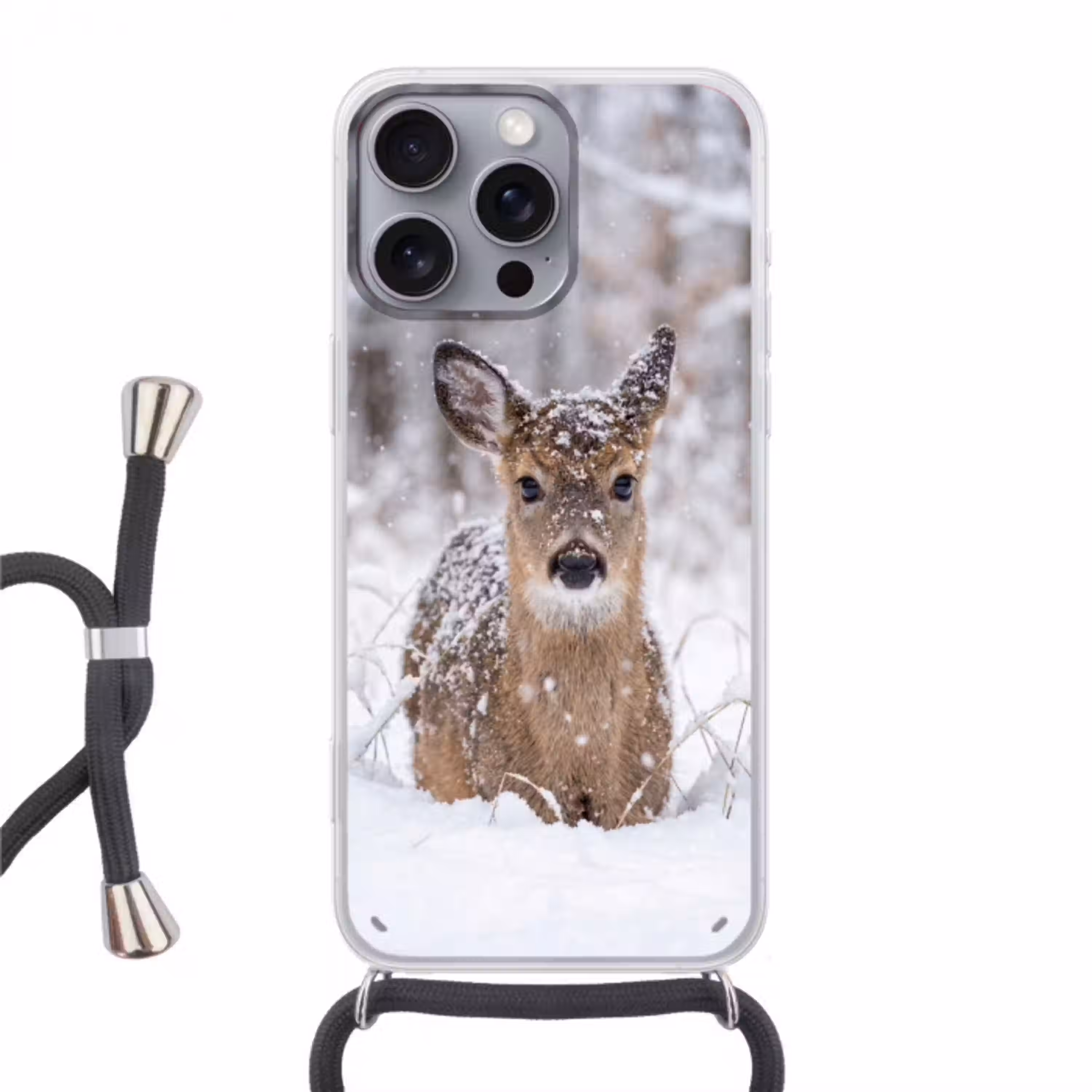 Hert - Sneeuw - Bos - Dieren - Vertederend Hoesje iPhone 16 Pro Max met koord klein -3d