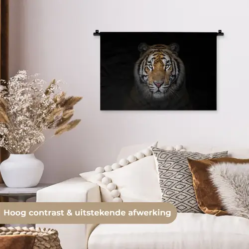 Tijger - Wilde dieren - Portret - Zwart - Dieren Wandkleed katoen klein -sfeer1