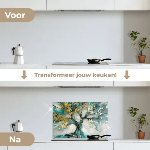 Boom - Modern - Verflook - Turquoise - Goud keuken achterwand spatscherm klein -voor_na_NL