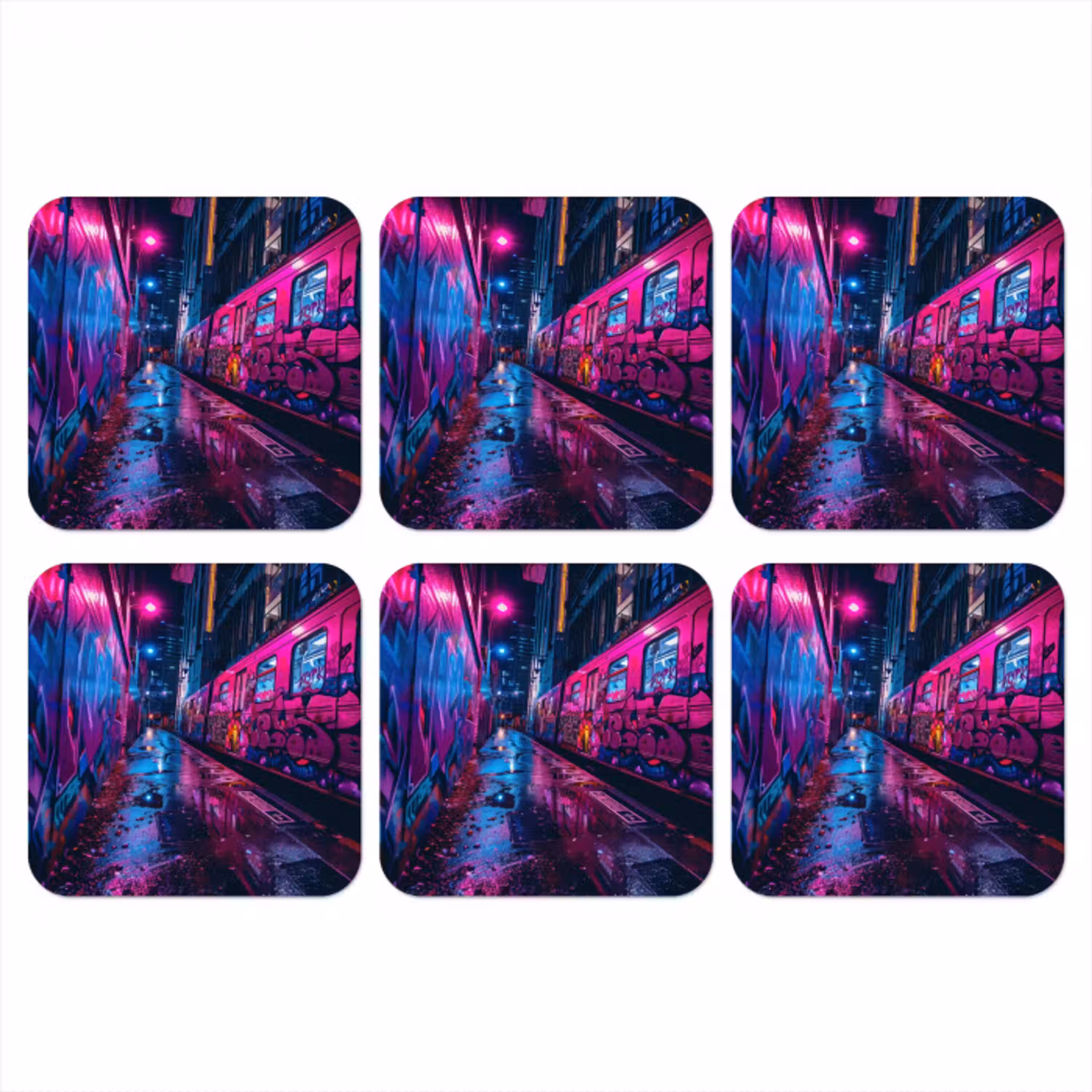 Stad - Neon -  Nacht - Roze - Graffiti onderzetter kurk middel -3d