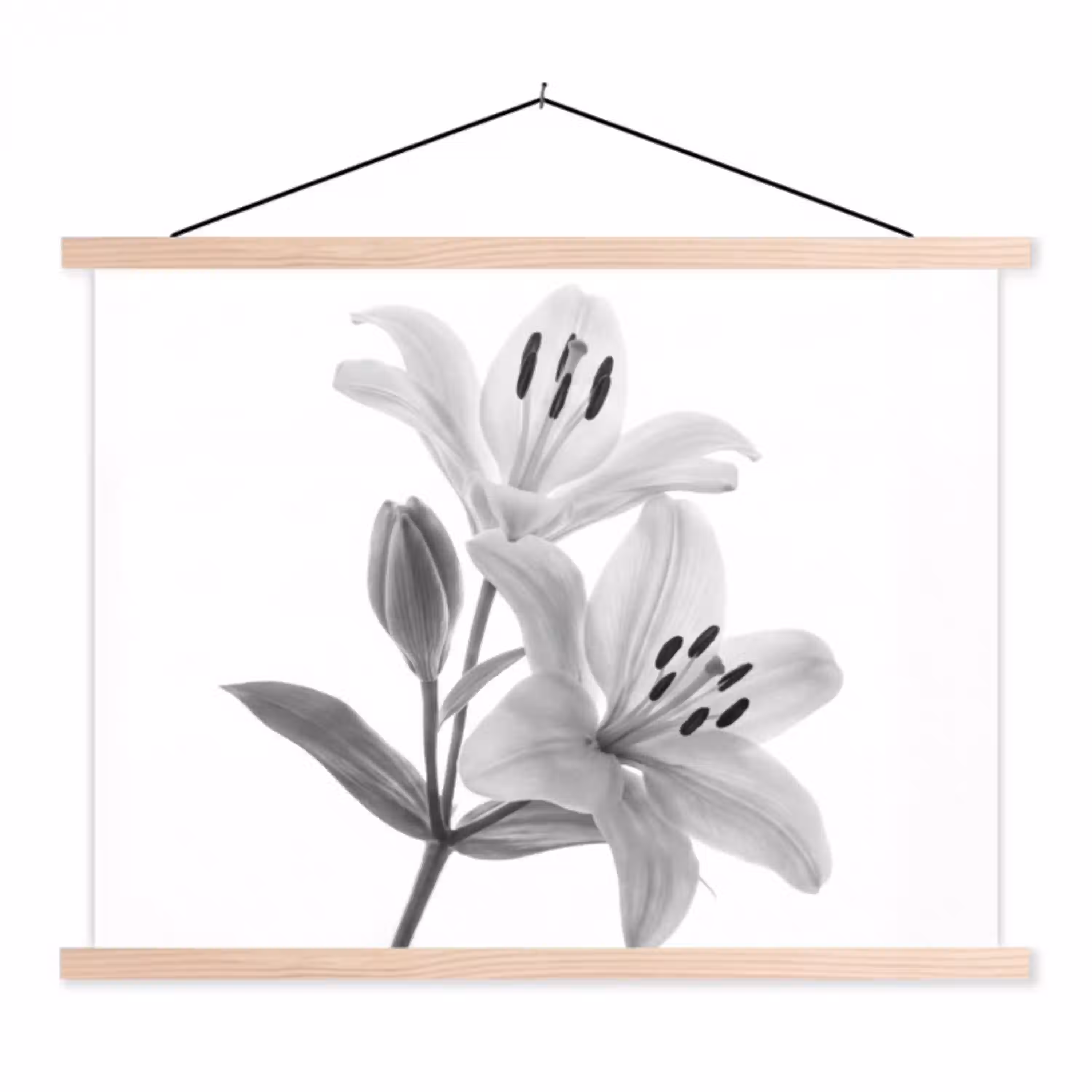Lelies - Elegant - Zwart - Wit textielposter latten blank klein -3d