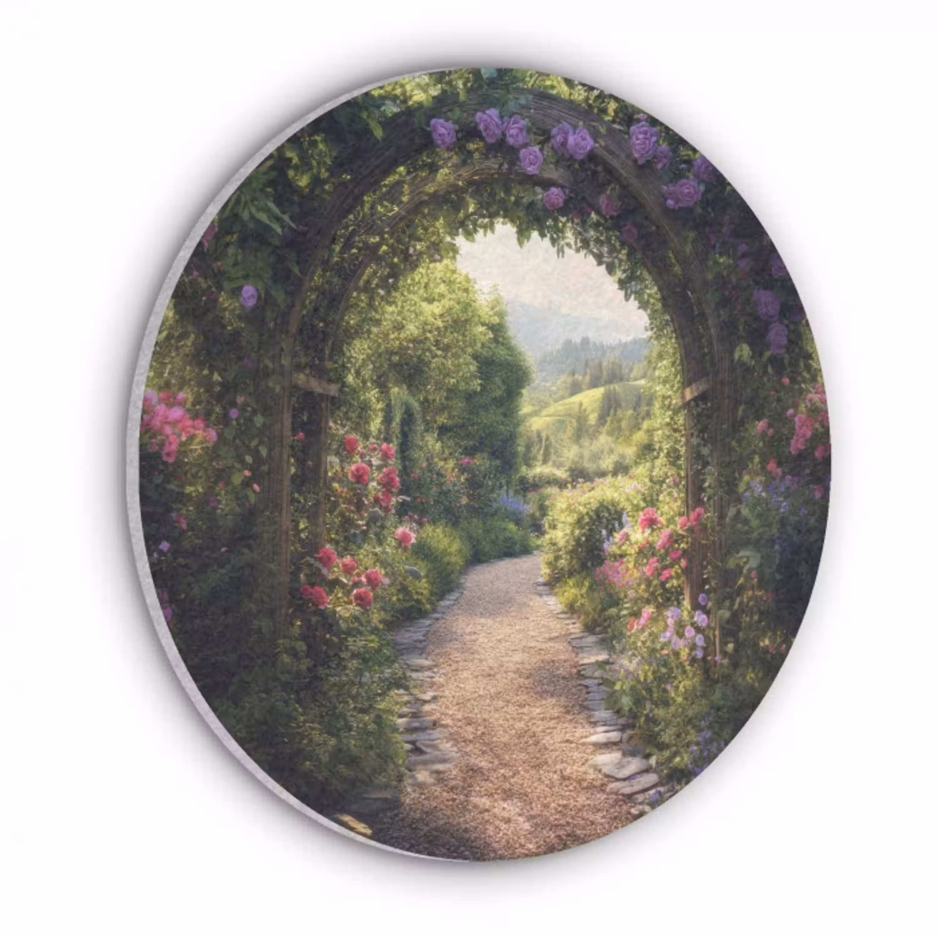 Doorkijk - Landschap - Bloemen - Tuinboog - Natuur Akoestische PET Vilt - Rond klein -3d