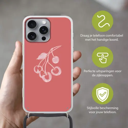 Lijnillustratie - Kersen - Tak - Wit Hoesje iPhone 16 Pro Max met koord klein -sfeer2_NL