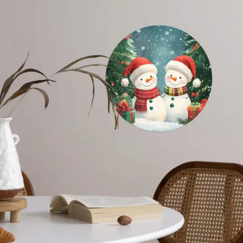 Sneeuwpop - Kerstsneeuw - Groen - Rood Wandcirkel behangsticker klein -sfeer3