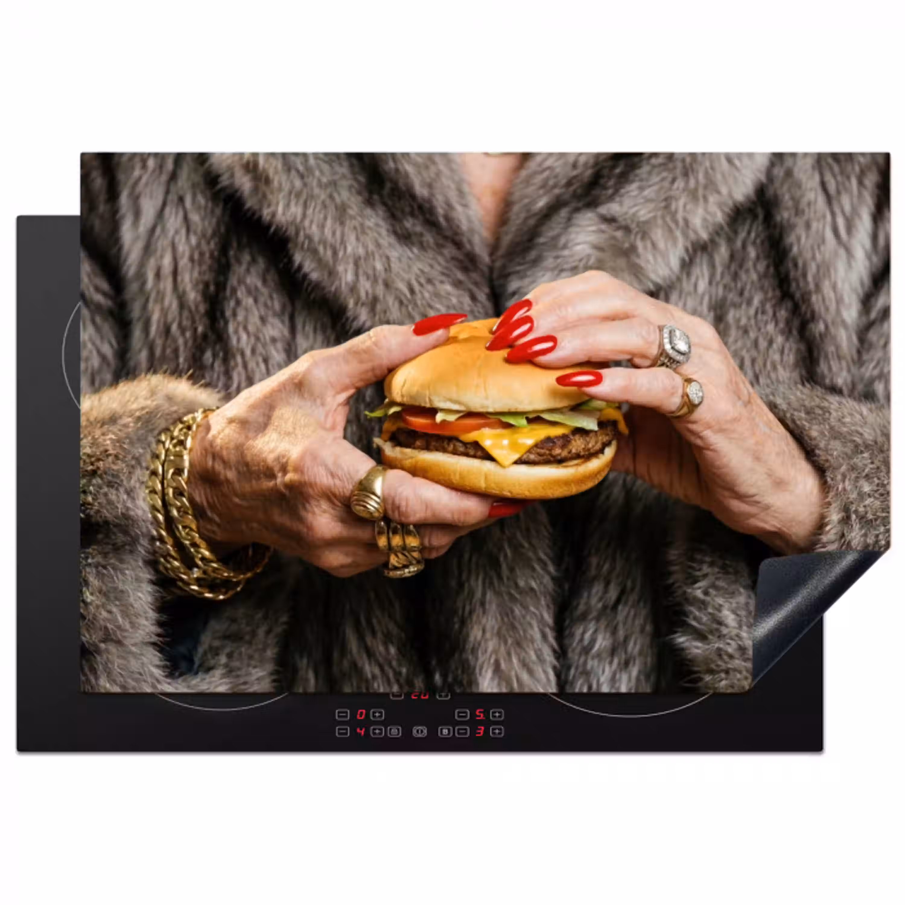 Vrouw - Hamburger - Bontjas Inductie beschermer vinyl 3mm klein -3d