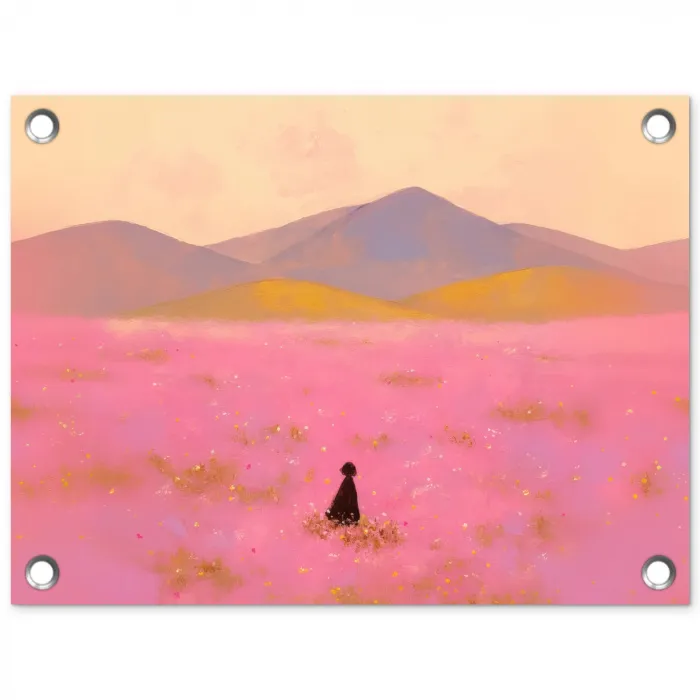 Bloemenweide - Heuvels - Silhouet - Roze tuinposter los doek klein -3d