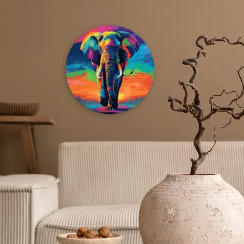 Olifant - Kleurrijk - Lucht - Abstract Wandcirkel plexiglas klein -sfeer1