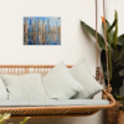 Skyline - Wolkenkrabbers - Water - Blauw tuinposter los doek klein -sfeer7
