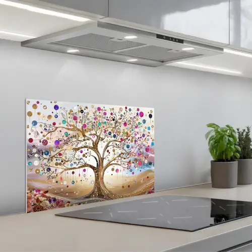 Levensboom - Goud - Kleurrijk - Abstract - Aesthetic keuken achterwand spatscherm klein -3d_schuin