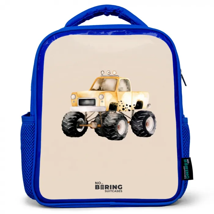 Gele monstertruck op een beige achtergrond Kinderrugzak - Blauw middel -3d