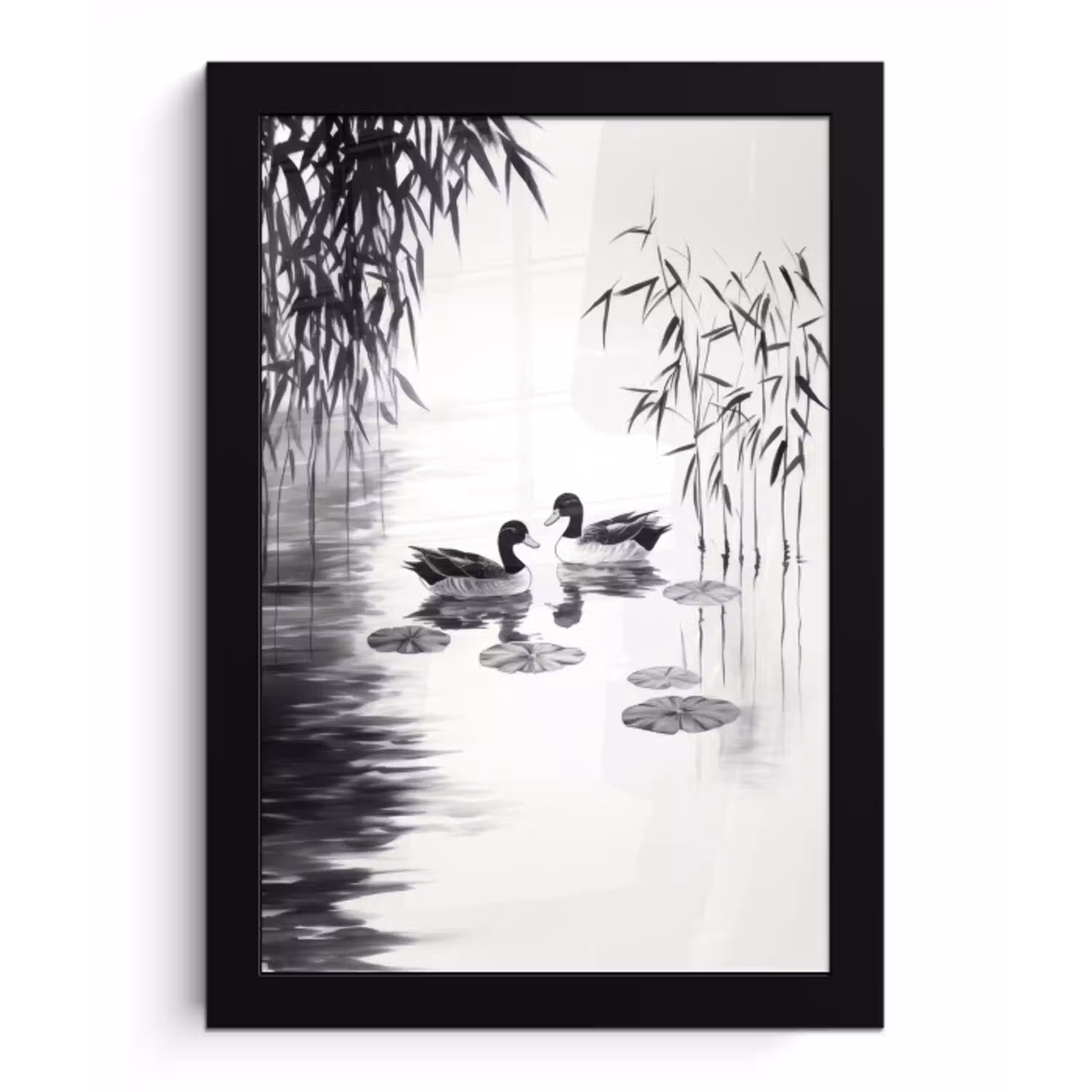 Eenden - Waterlelies - Riet - Zwart fotolijst zwart zonder passe partout klein -3d