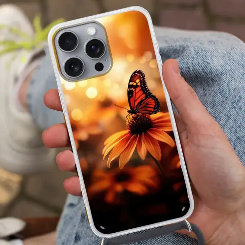 Vlinder - Bloemen - Oranje Hoesje iPhone 16 Pro Max met koord klein -sfeer3