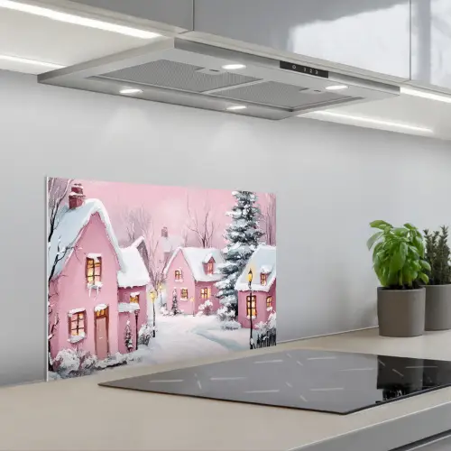 Kerstdorp - Roze - Winter - Sneeuw - Huizen keuken achterwand spatscherm klein -3d_schuin