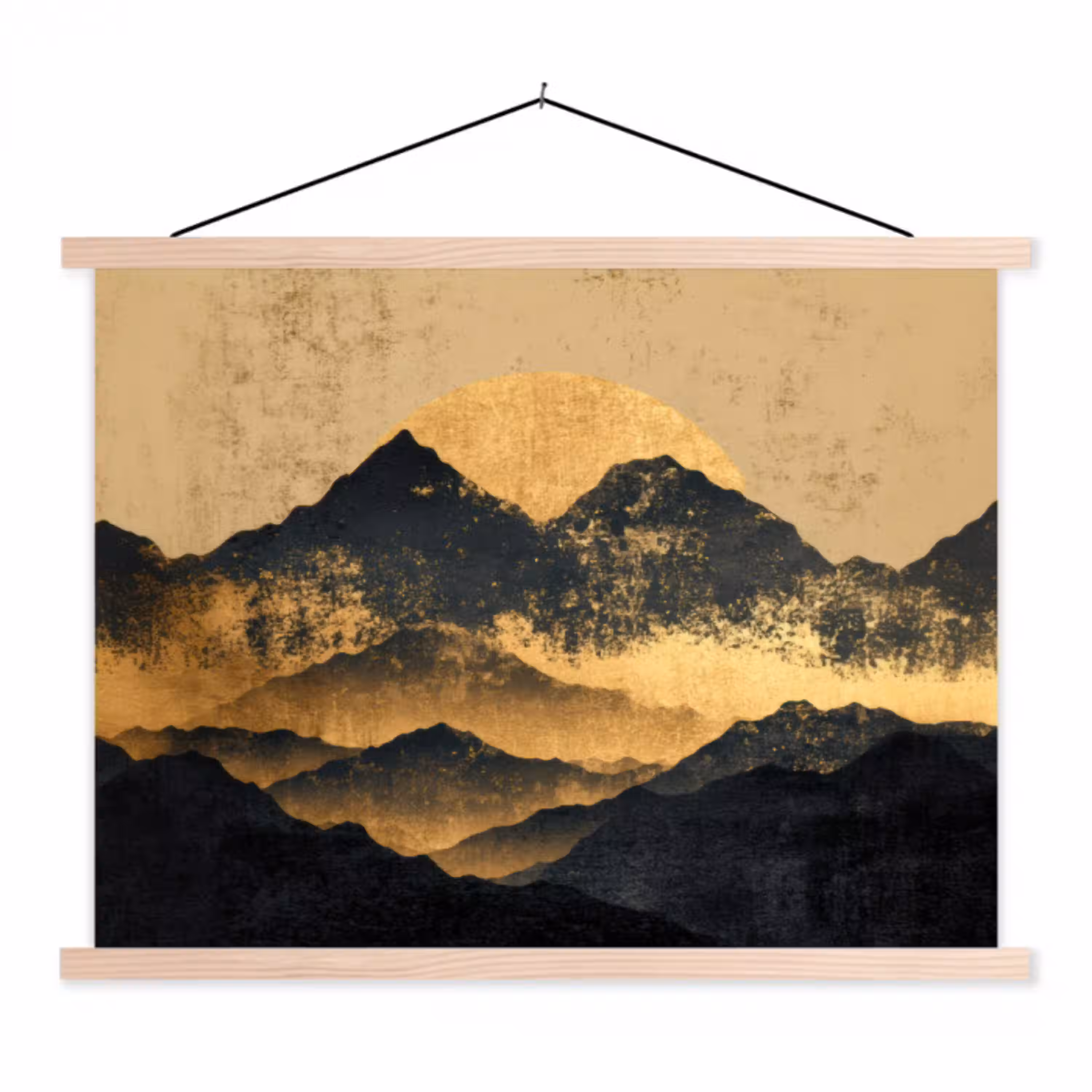 Gouden Bergen bij Maanlicht textielposter latten blank klein -3d