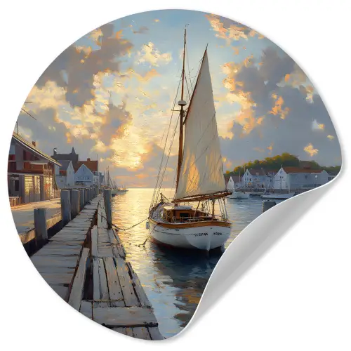 Zeilboot - Zon - Pier - Hout Wandcirkel behangsticker klein -3d