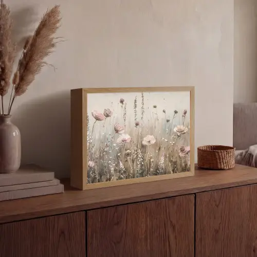 Bloemen - Roze - Modern - Beige Light Box met batterij (Wandlamp) middel -sfeer2