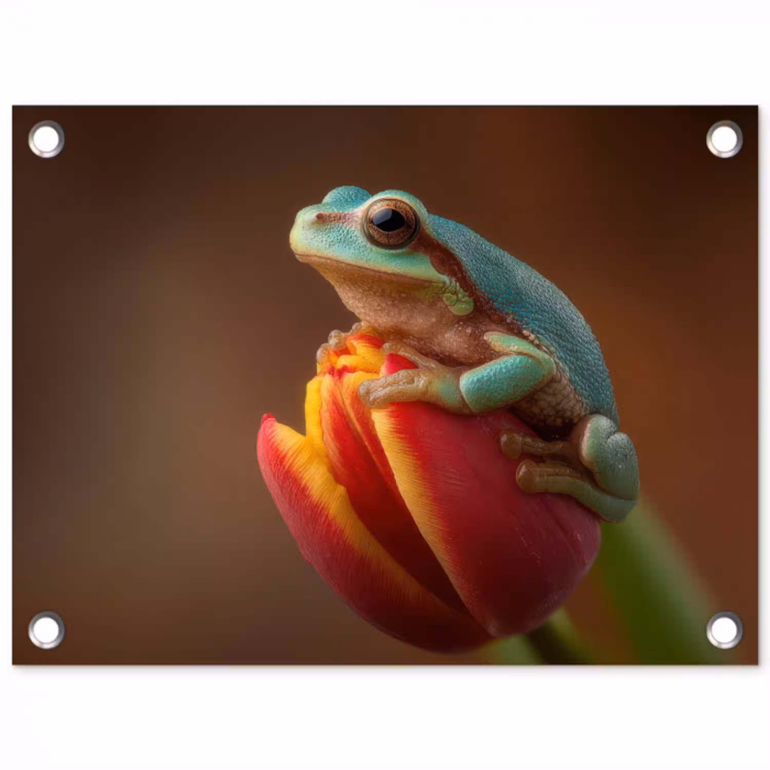 Close-up - Kikker - Tulp - Rood tuinposter los doek klein -3d