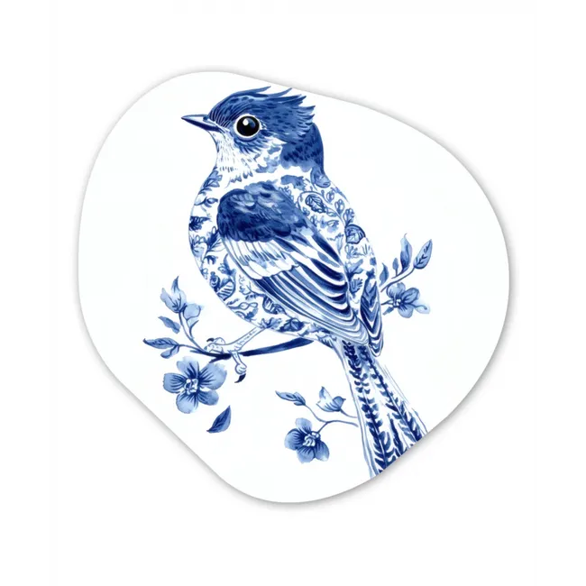 Vogel - Delfts blauw - Illustratie - Bloemen Wandcirkel Organisch Forex 3mm klein -3d