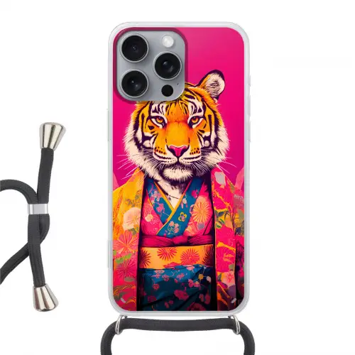 Tijger - Kimono - Planten - Roze Hoesje iPhone 16 Pro Max met koord klein -3d