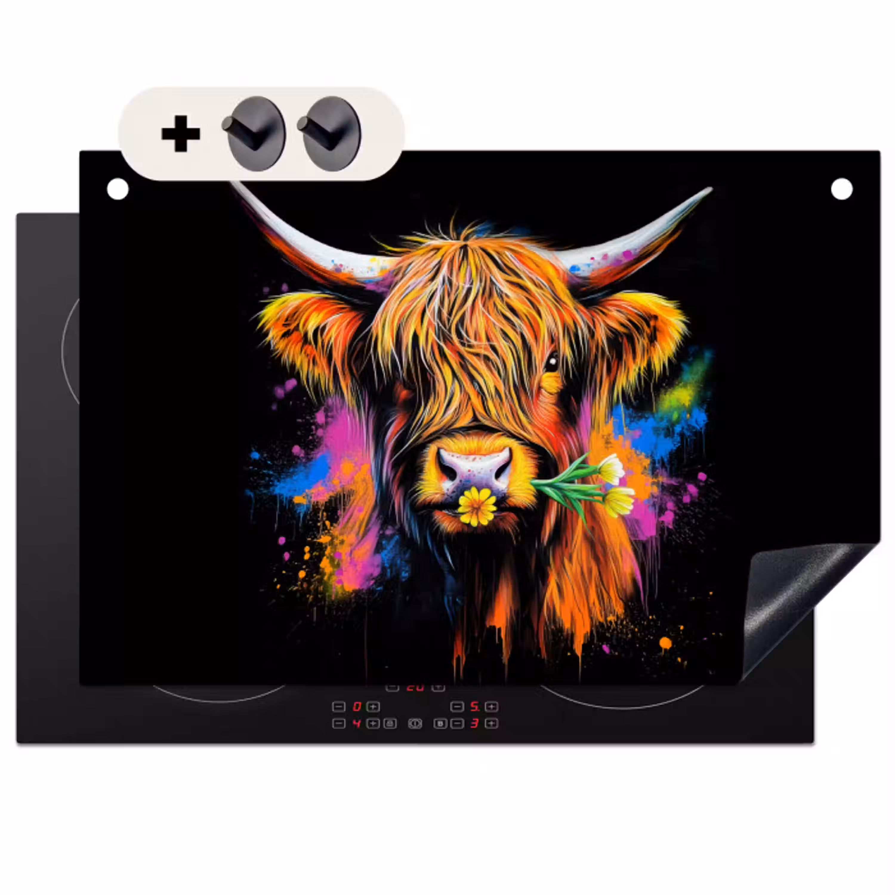 Schotse Hooglander - Graffiti - Kleurrijk - Bloem - Dieren Inductie beschemer met haakjes klein -3d