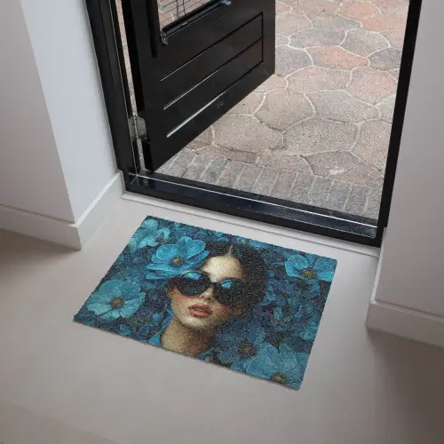 Vrouw - Bloemen - Blauw - Aesthetic - Luxe Deurmat klein -sfeer5