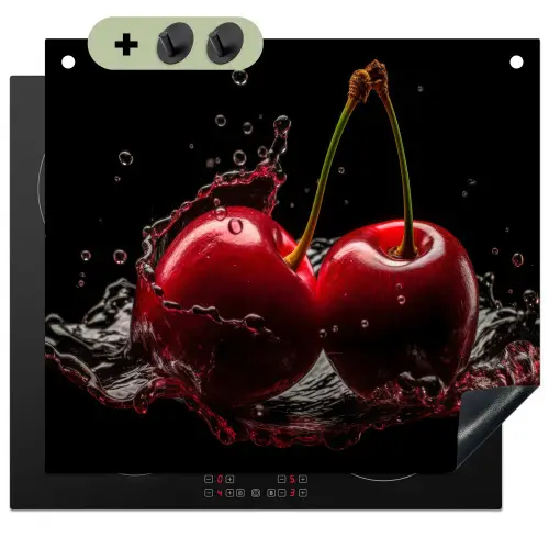Kersen - Rood - Fruit - Water - Zwart Inductie beschemer met haakjes middel -3d