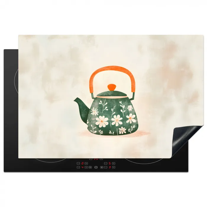 Theepot - Groen - Bloemen - Oranje Inductie beschermer vinyl 3mm klein -3d
