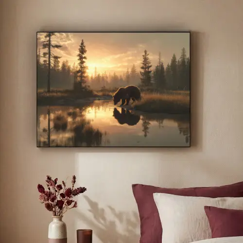 Beer - water - Bos - Ochtendlicht Textielframe zwart klein -sfeer1