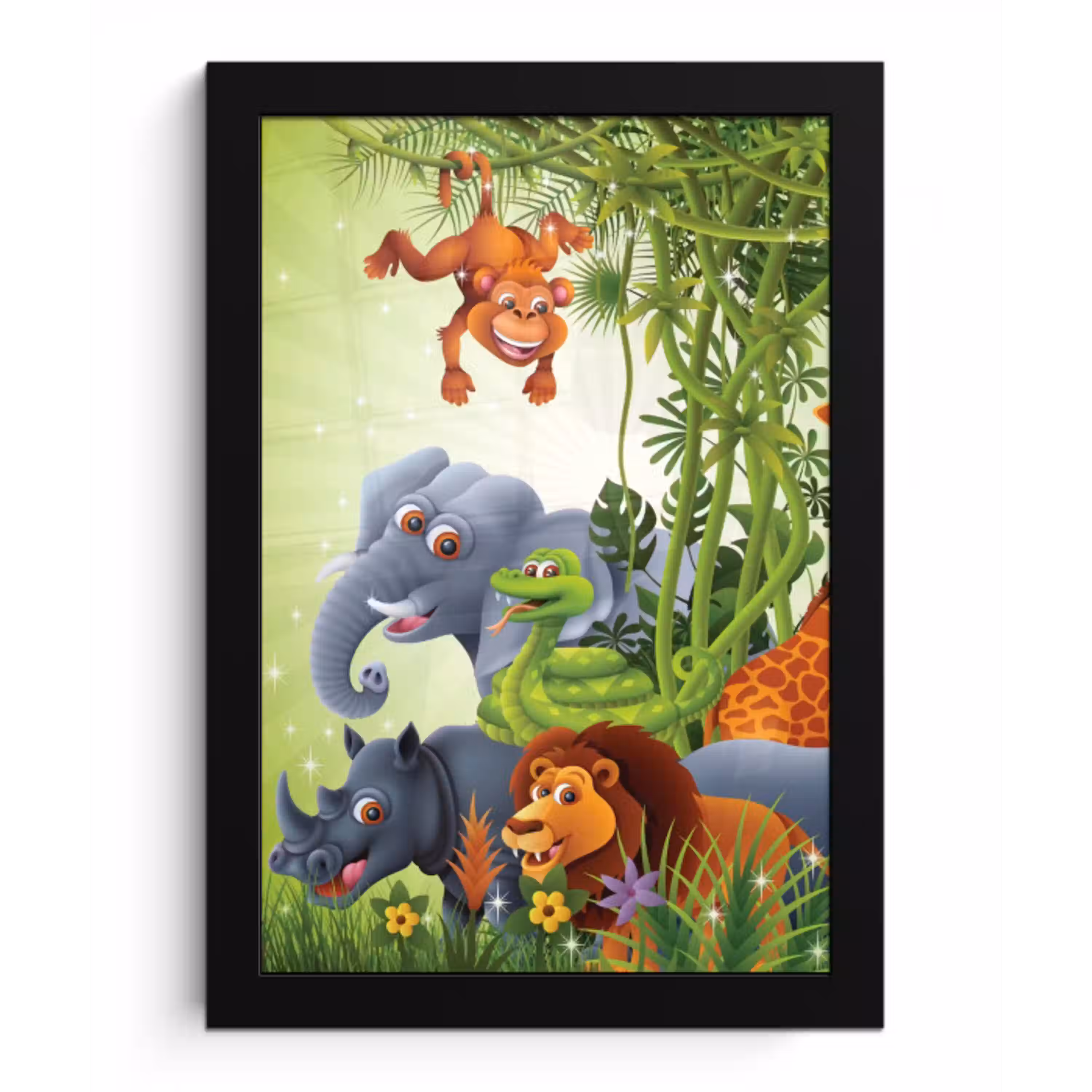Jungle dieren - Planten - Kinderen - Olifant - Giraf - Leeuw fotolijst zwart zonder passe partout klein -3d