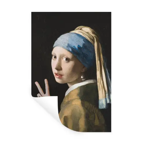 Meisje met de parel - Johannes Vermeer - Peace Muursticker klein -3d