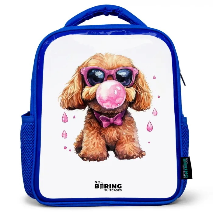 Bruine hond met roze bril en kauwgombal Kinderrugzak - Blauw middel -3d