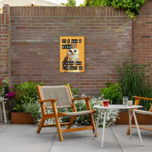 Geel - Uil - Vogel - Decoratie Tuinposter op houten frame 2 cm dik klein -sfeer3
