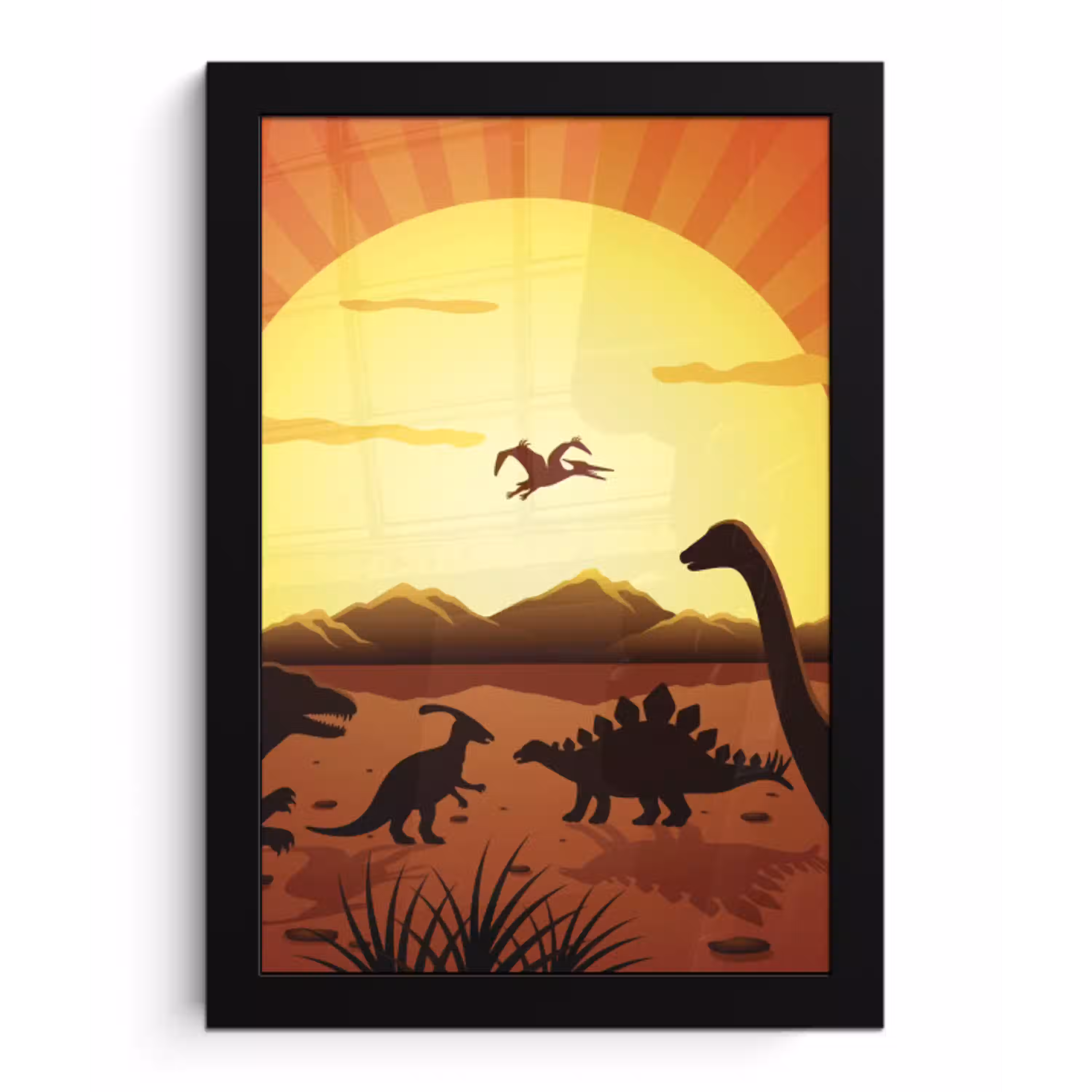 Dino - Zon - Natuur - Tekening - Kinderen - Jongens fotolijst zwart zonder passe partout klein -3d