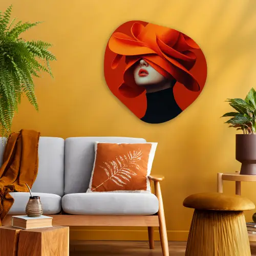 Oranje - Hoed - Vrouw Wandcirkel Organisch Plexiglas middel -sfeer4