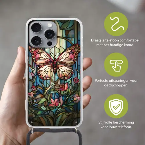 Vlinder - Roze - Bloemen - Bladeren Hoesje iPhone 16 Pro Max met koord klein -sfeer2_NL