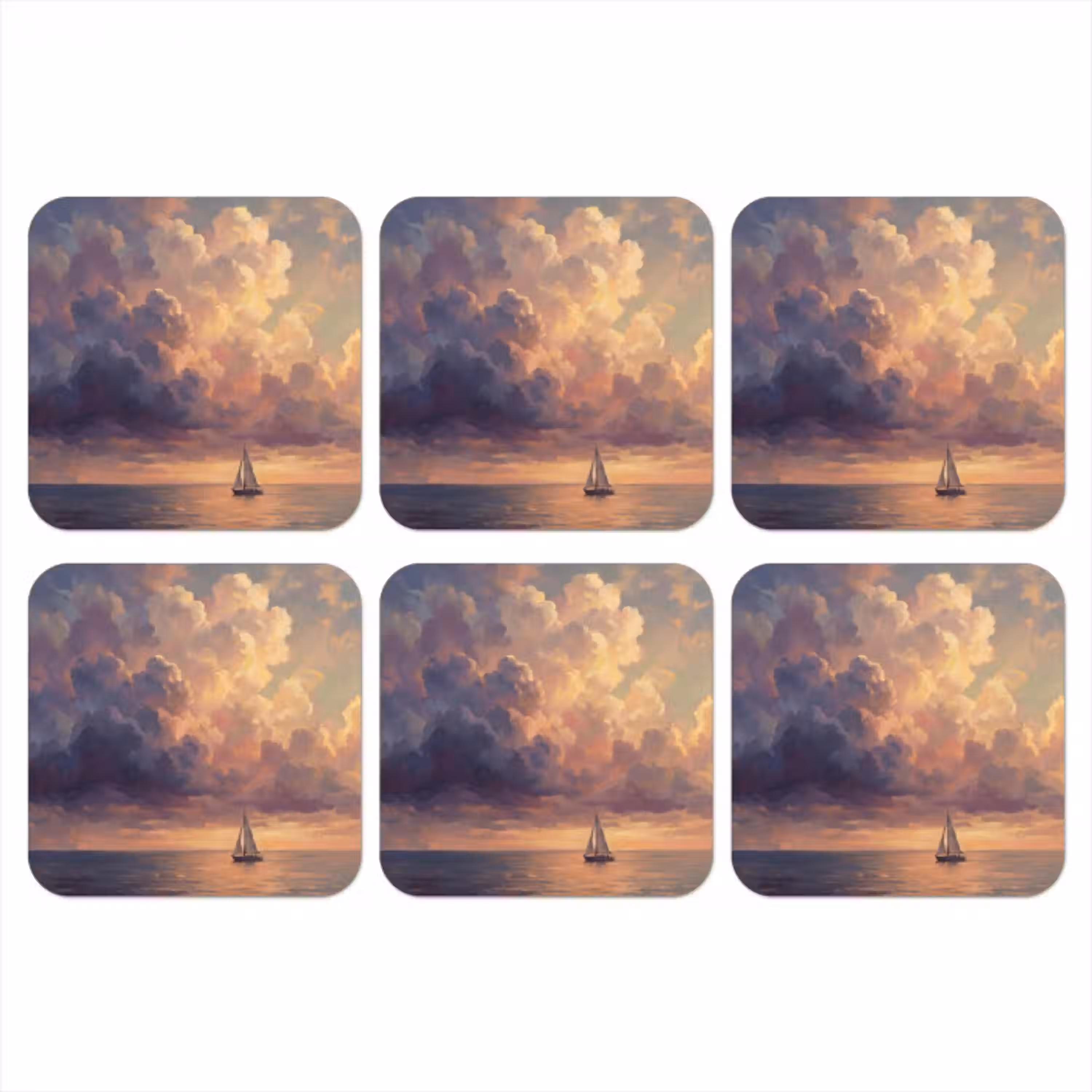 Boot - Zonsondergang - Zee - Natuur - Goud onderzetter kurk middel -3d