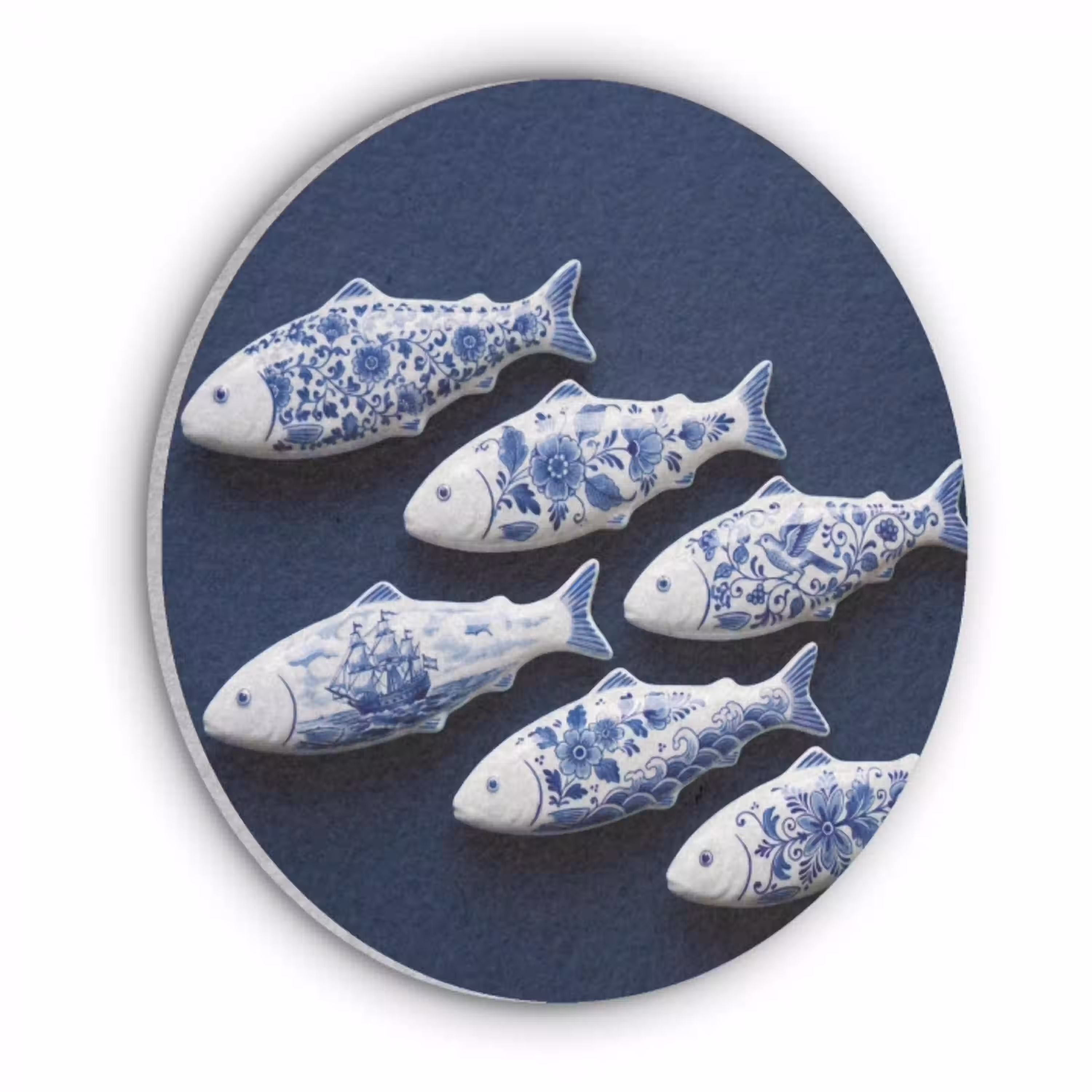 Vissen - Delfts - Blauw - Keramiek Akoestische PET Vilt - Rond klein -3d