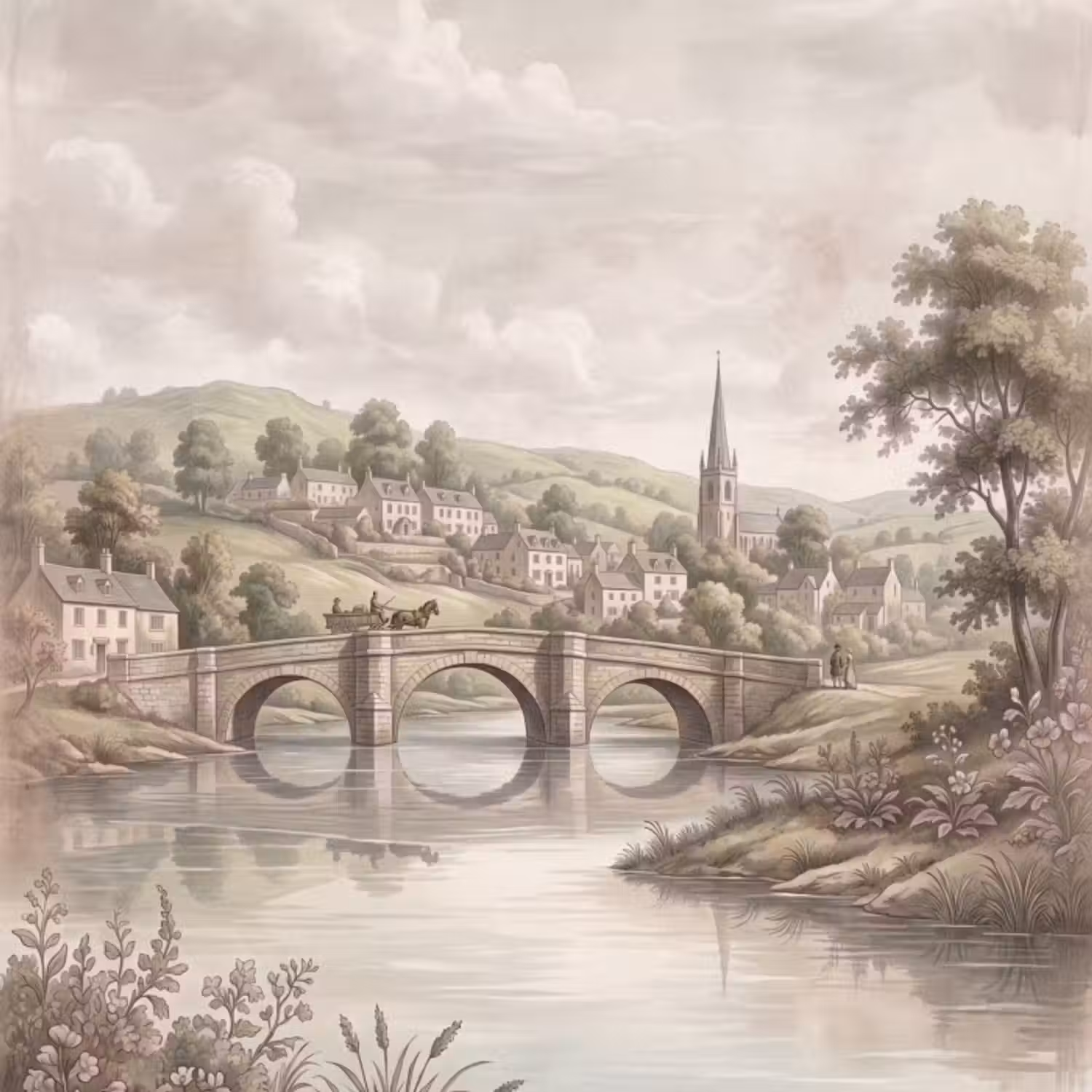 Tapete - Dorf - Brücke - Aussicht - Grün