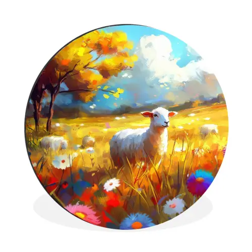 Schaap - Weide - Bloemen Wandcirkel aluminium klein -3d