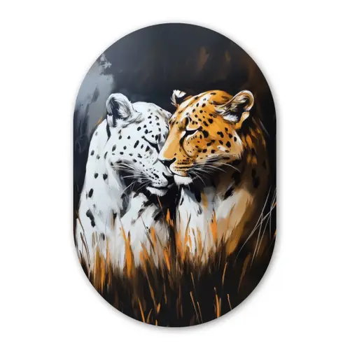 Luipaard - Oranje - Wit - Gras Wandcirkel Ovaal Glas middel -3d